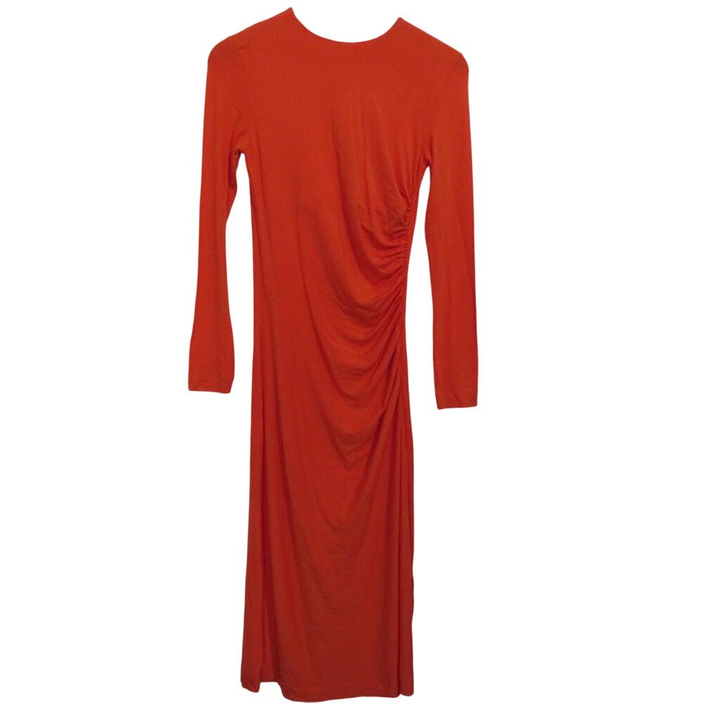 Ninety Percent Womens Size S Orange Hyacinth Ruched Stretch Midi Dress